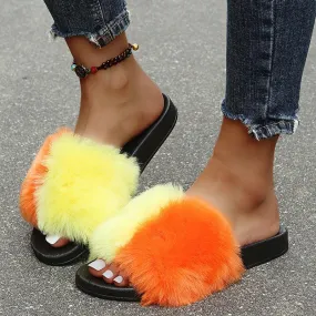 Classic Fur Designed Womens Slide Slipper- Orange And Yellow