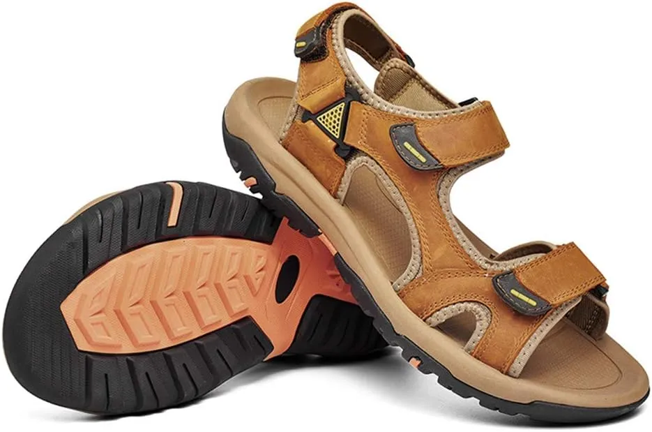 LLTMALL Men's Outdoor Strap Sandals Leather Beach Sandals Shoes with Hook Loop