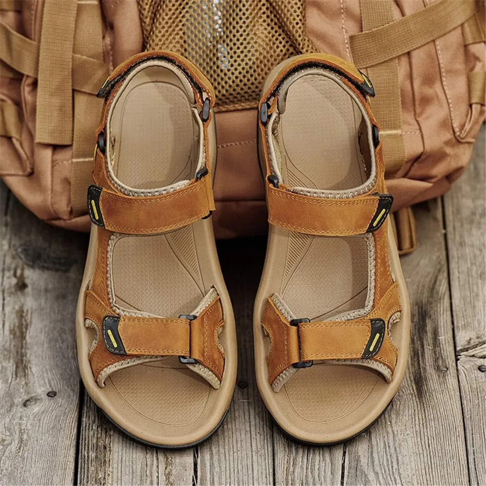 LLTMALL Men's Outdoor Strap Sandals Leather Beach Sandals Shoes with Hook Loop