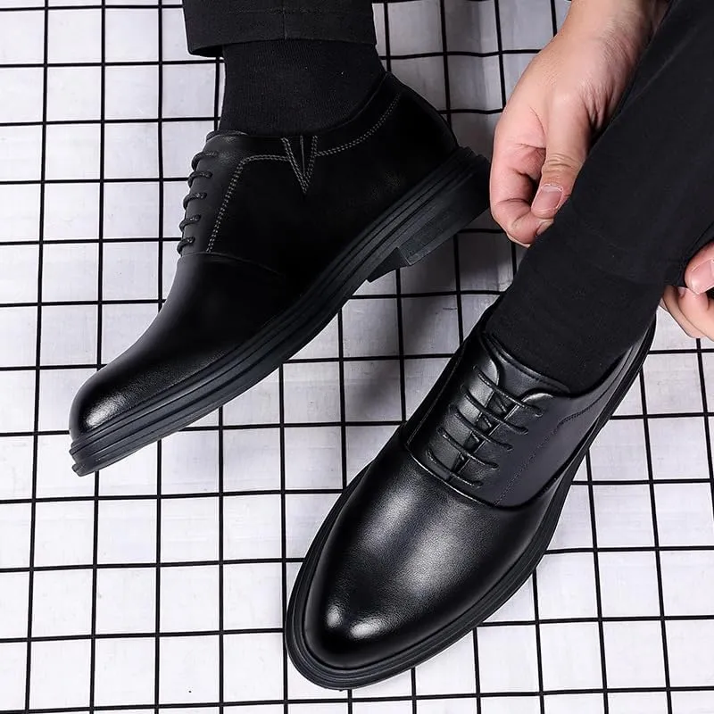 Men’s 3-Inch Elevator Leather Oxford Shoes, Black Leather Height Increase Dress Formal That Make You Taller 3 Inches.