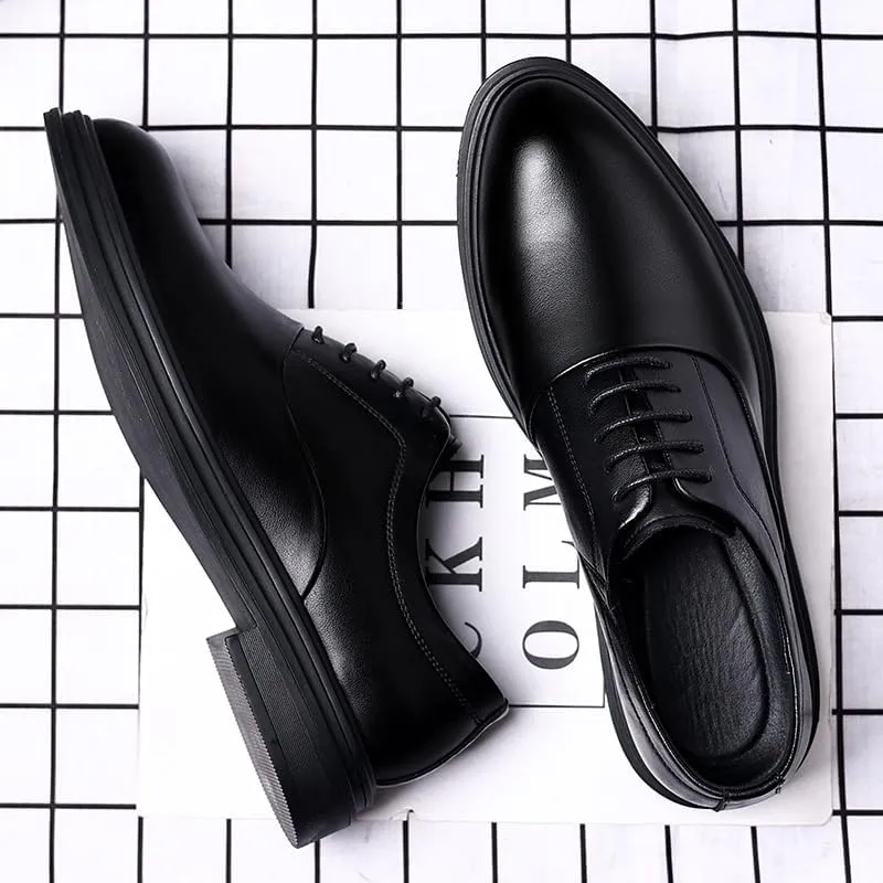 Men’s 3-Inch Elevator Leather Oxford Shoes, Black Leather Height Increase Dress Formal That Make You Taller 3 Inches.