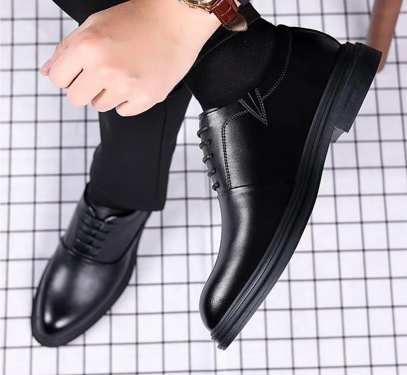 Men’s 3-Inch Elevator Leather Oxford Shoes, Black Leather Height Increase Dress Formal That Make You Taller 3 Inches.