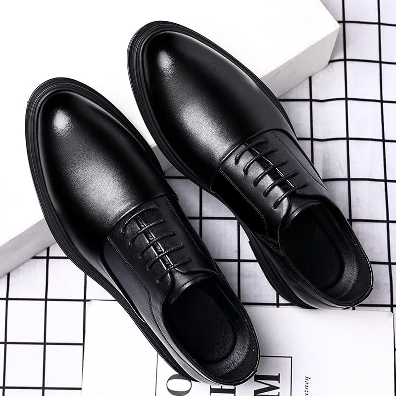 Men’s 3-Inch Elevator Leather Oxford Shoes, Black Leather Height Increase Dress Formal That Make You Taller 3 Inches.