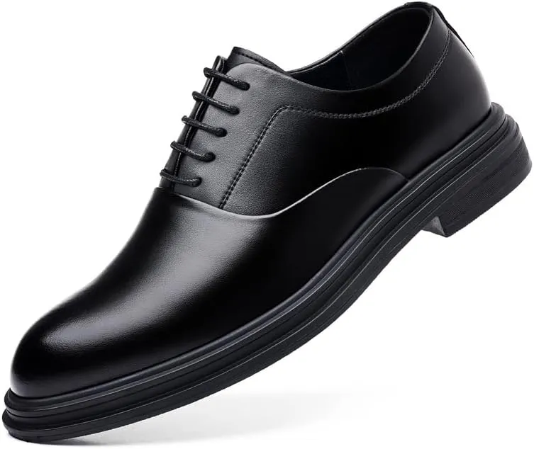 Men’s 3-Inch Elevator Leather Oxford Shoes, Black Leather Height Increase Dress Formal That Make You Taller 3 Inches.