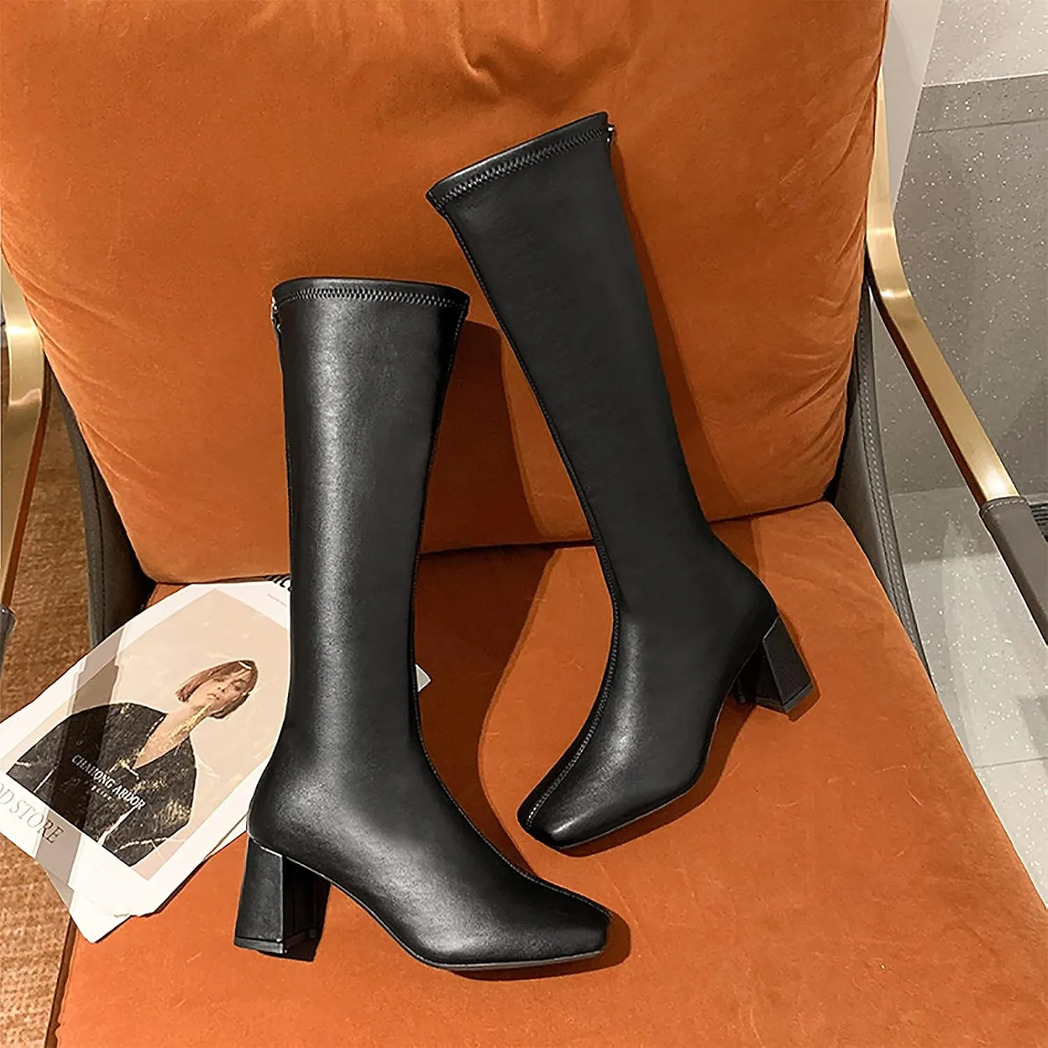 oiangi Square Toe Boots for Womens Fashion Solid Back Zipper Chunky High Heels Mid Calf Boots Winter Comfortable Casual Ladies Long Boots Work Shoes