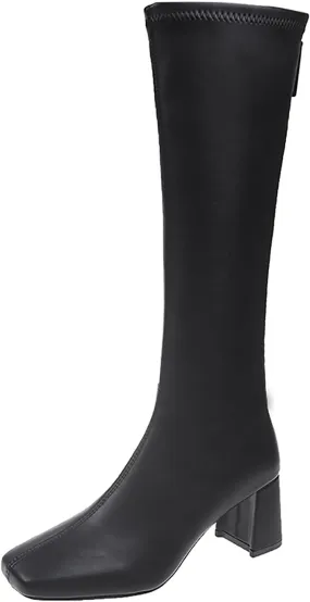 oiangi Square Toe Boots for Womens Fashion Solid Back Zipper Chunky High Heels Mid Calf Boots Winter Comfortable Casual Ladies Long Boots Work Shoes