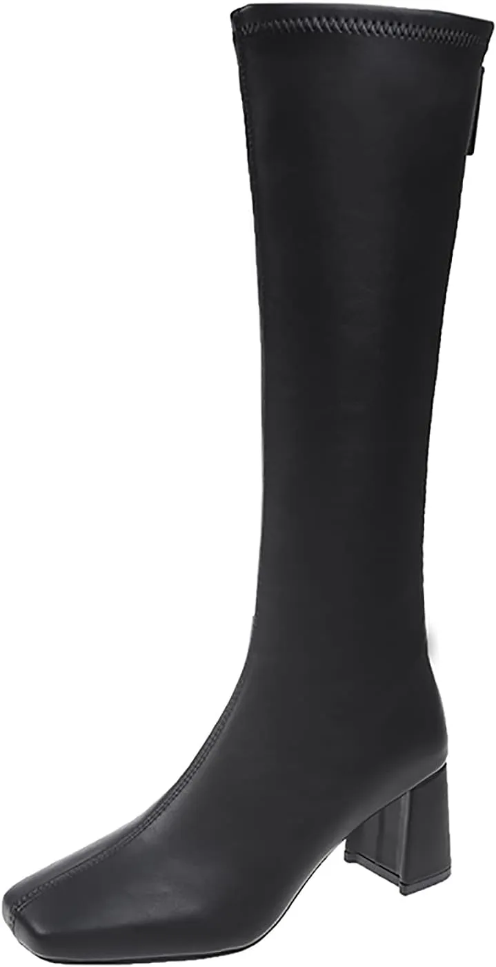 oiangi Square Toe Boots for Womens Fashion Solid Back Zipper Chunky High Heels Mid Calf Boots Winter Comfortable Casual Ladies Long Boots Work Shoes