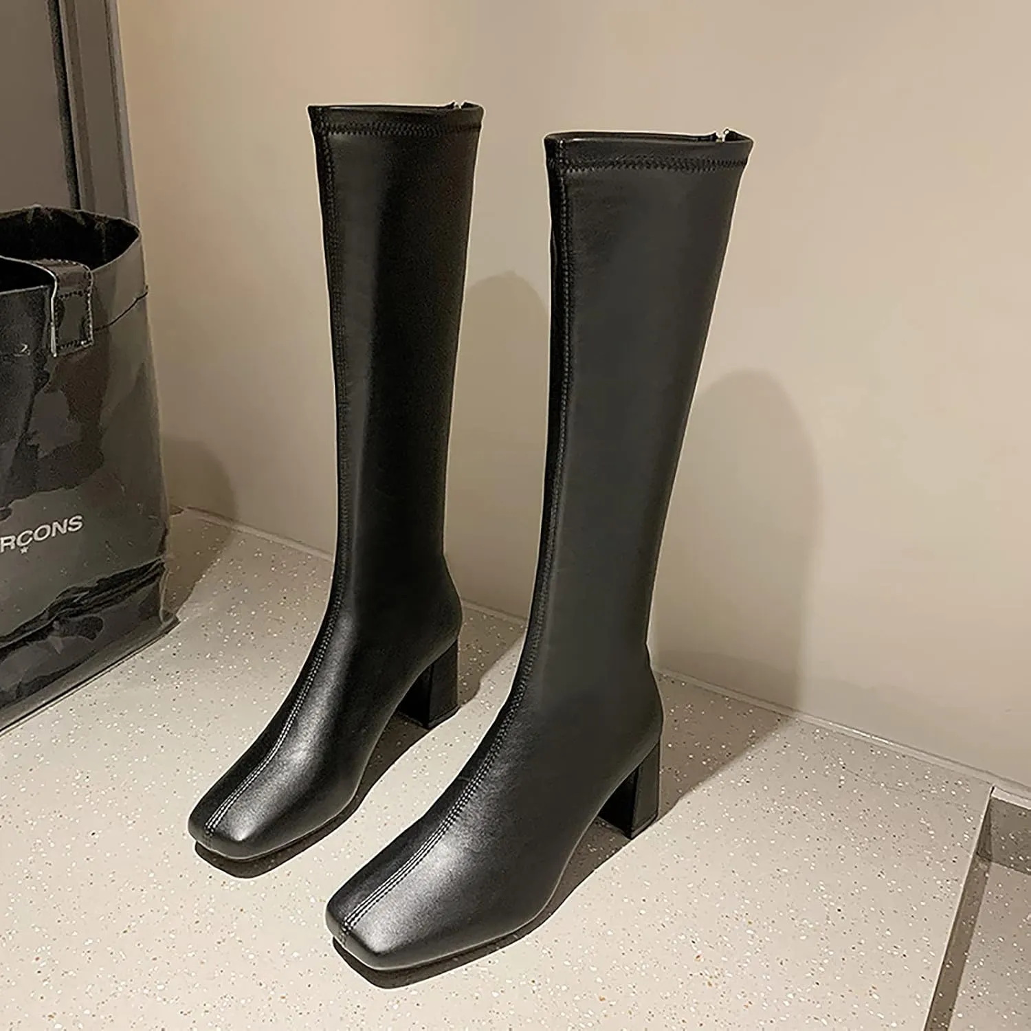 oiangi Square Toe Boots for Womens Fashion Solid Back Zipper Chunky High Heels Mid Calf Boots Winter Comfortable Casual Ladies Long Boots Work Shoes
