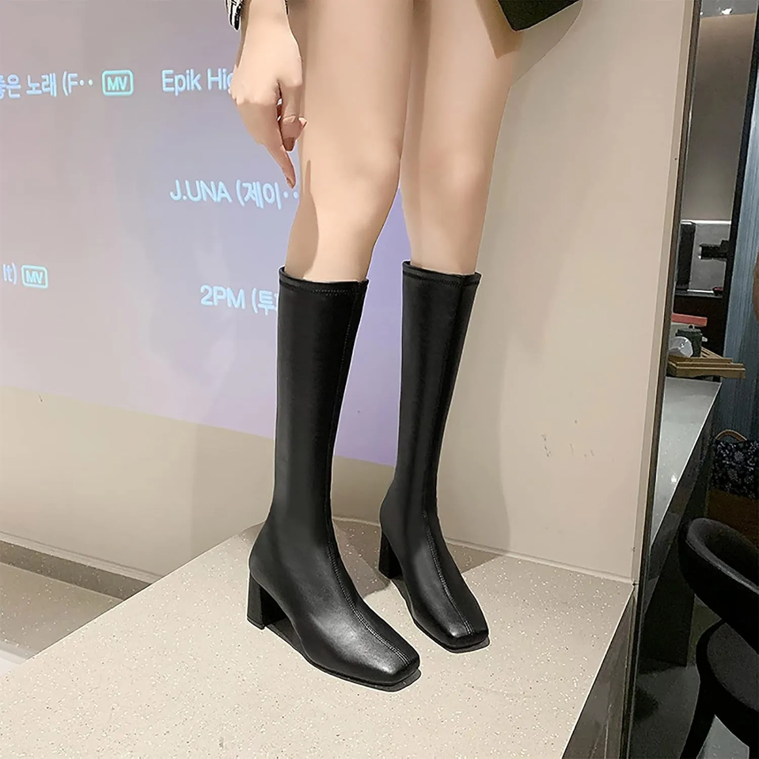 oiangi Square Toe Boots for Womens Fashion Solid Back Zipper Chunky High Heels Mid Calf Boots Winter Comfortable Casual Ladies Long Boots Work Shoes