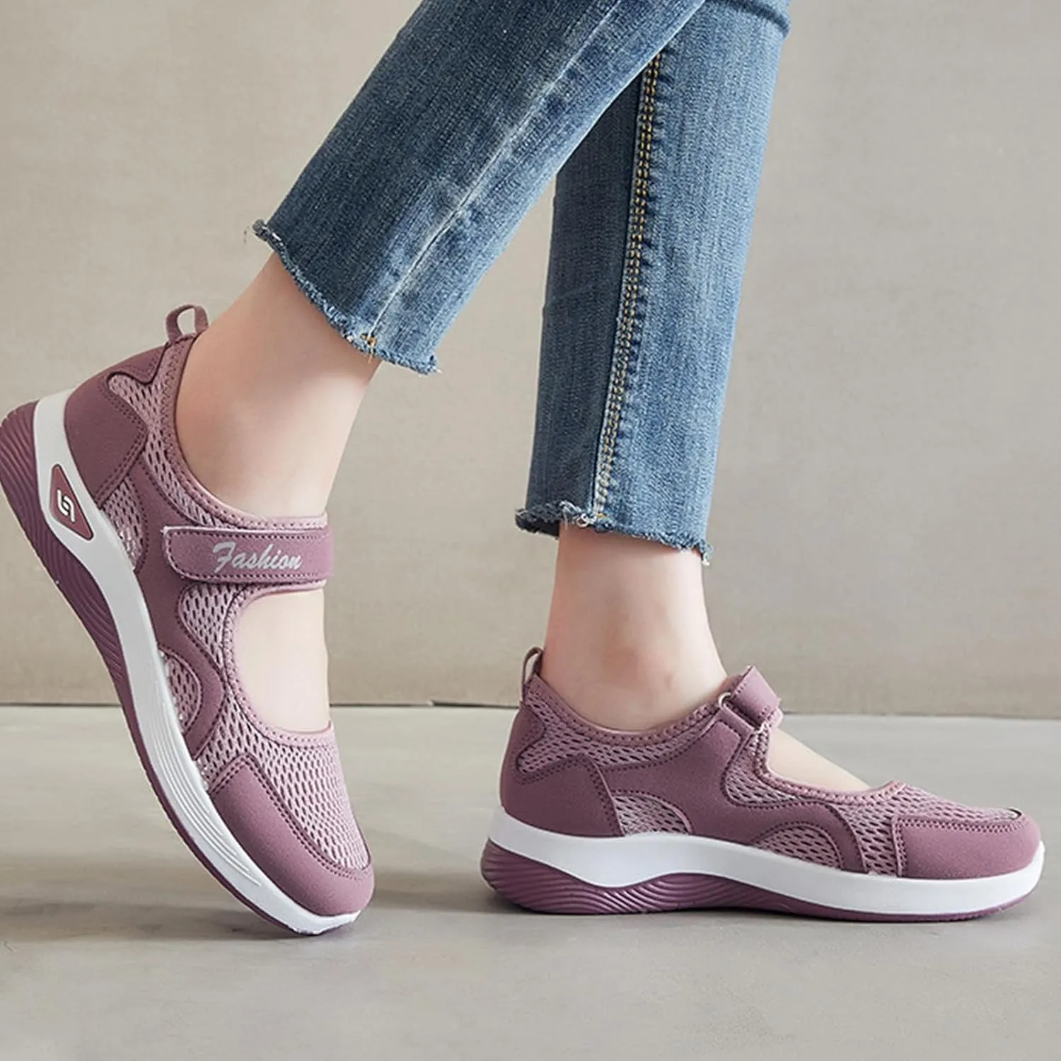 Orthopedic Shoes for Women Non Slip Arch Support Sneakers Mesh Hollow Out Breathable Walking Sneakers Comfortable Adjustable Mary Jane Shoes Lightweight Working Nurse Shoe