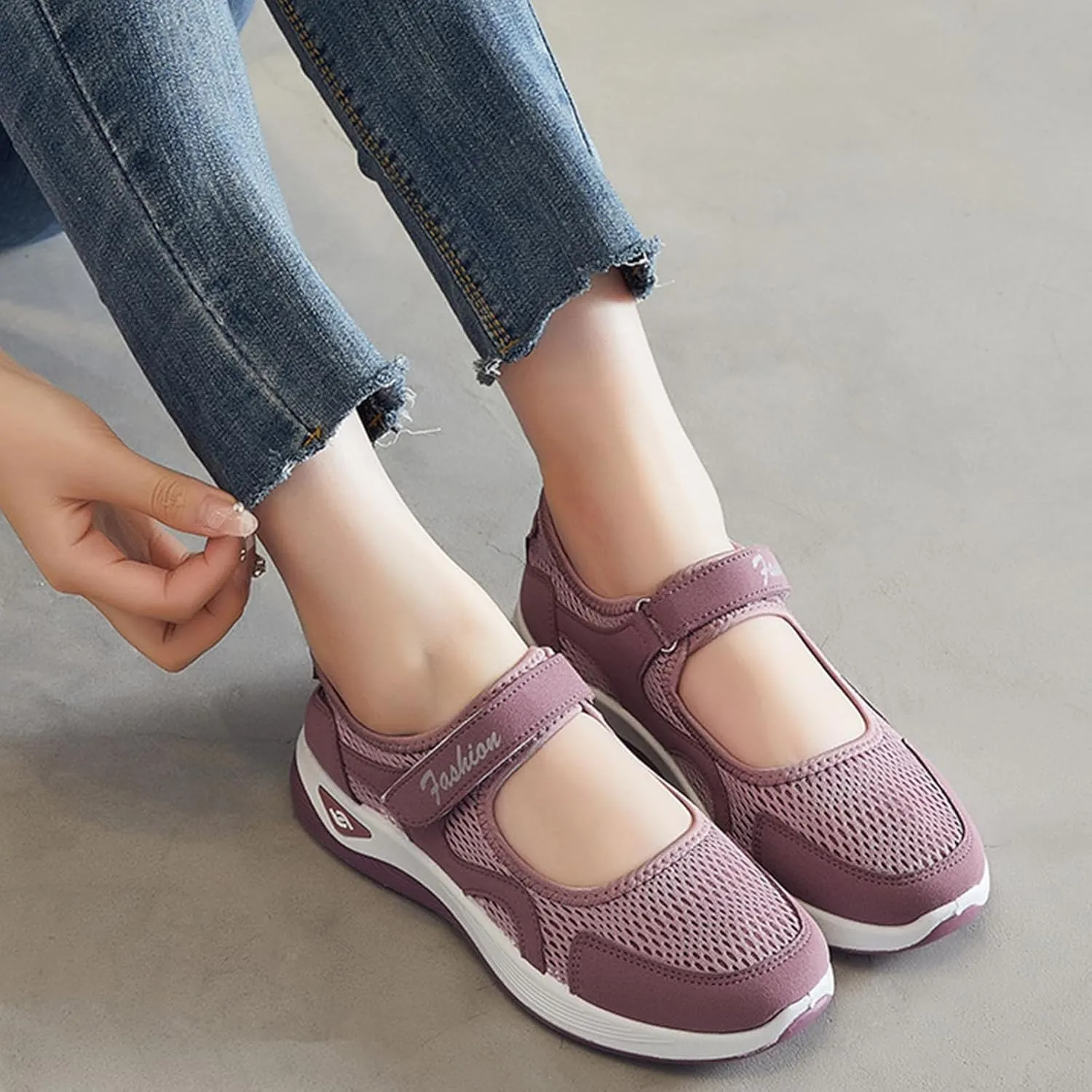 Orthopedic Shoes for Women Non Slip Arch Support Sneakers Mesh Hollow Out Breathable Walking Sneakers Comfortable Adjustable Mary Jane Shoes Lightweight Working Nurse Shoe