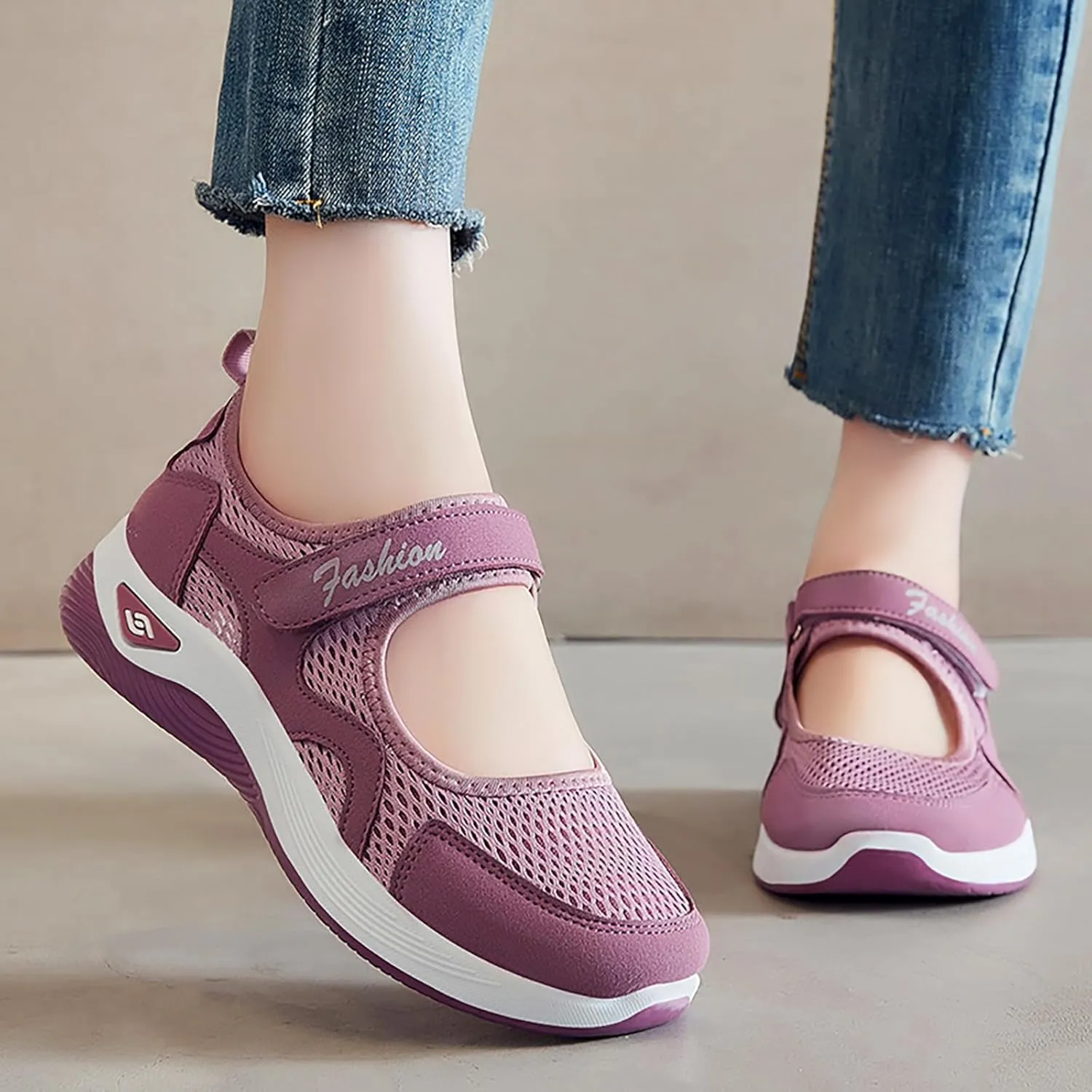 Orthopedic Shoes for Women Non Slip Arch Support Sneakers Mesh Hollow Out Breathable Walking Sneakers Comfortable Adjustable Mary Jane Shoes Lightweight Working Nurse Shoe