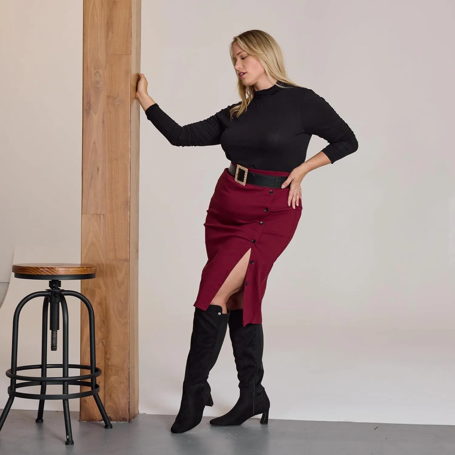 RF ROOM OF FASHION Women's Wide Calf Block Heel Knee High Dress Boots