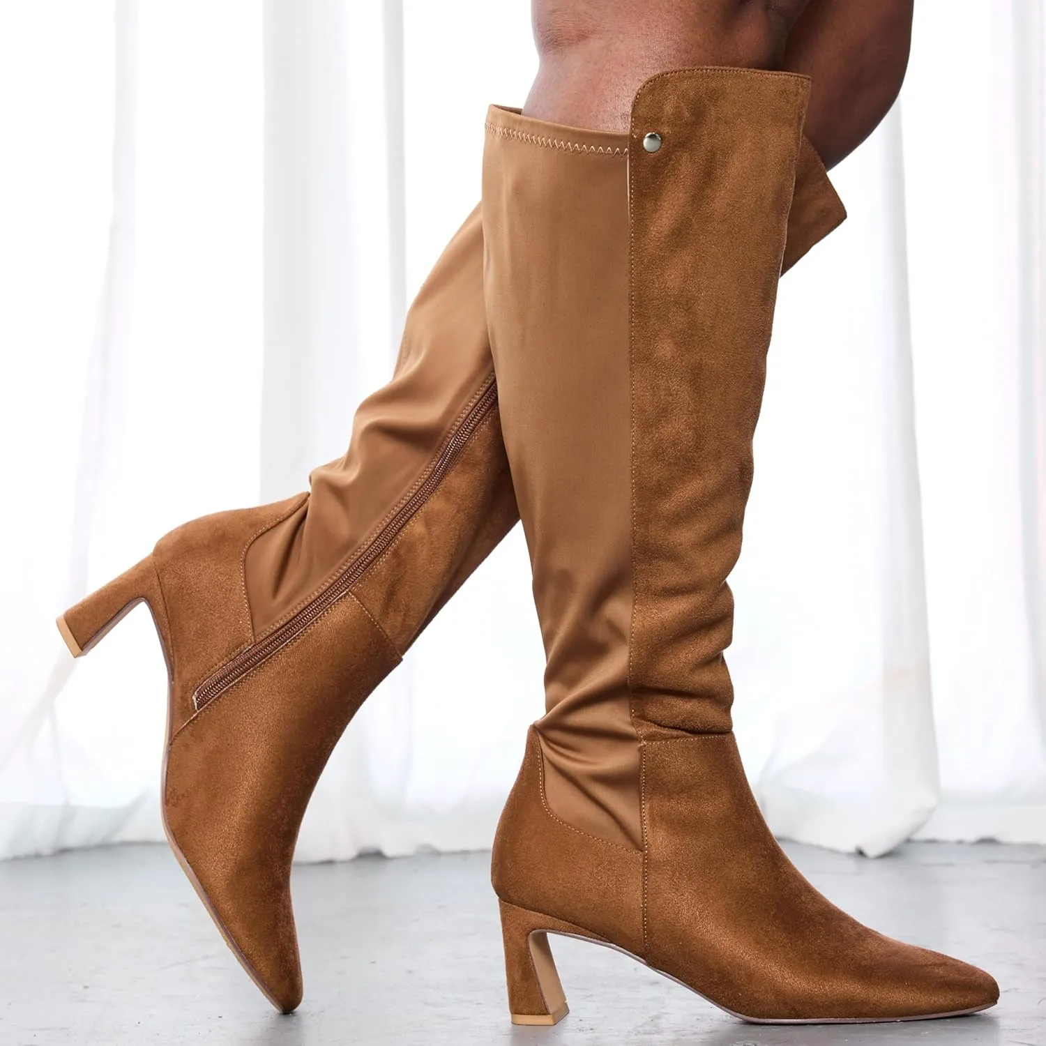 RF ROOM OF FASHION Women's Wide Calf Block Heel Knee High Dress Boots