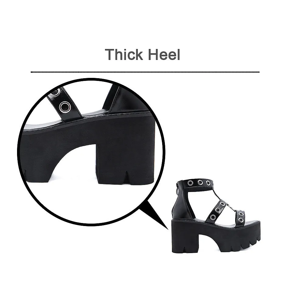 Summer Black Gothic Platform Sandals / Open Toe Buckle Strappy Women's Sexy Shoes with Rivets