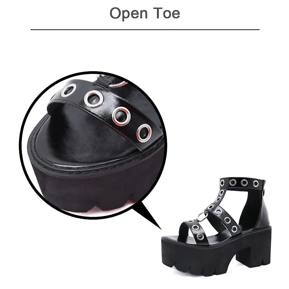 Summer Black Gothic Platform Sandals / Open Toe Buckle Strappy Women's Sexy Shoes with Rivets