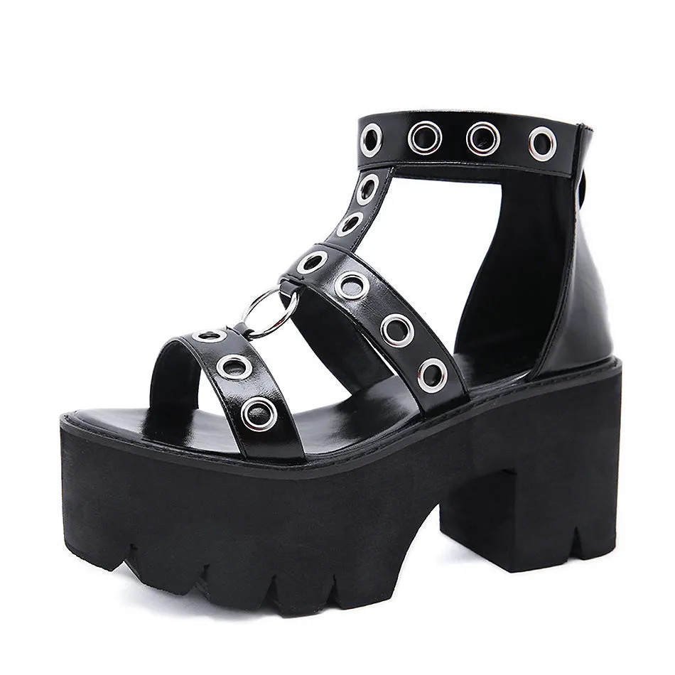 Summer Black Gothic Platform Sandals / Open Toe Buckle Strappy Women's Sexy Shoes with Rivets