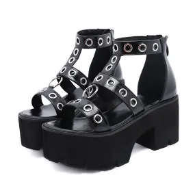 Summer Black Gothic Platform Sandals / Open Toe Buckle Strappy Women's Sexy Shoes with Rivets