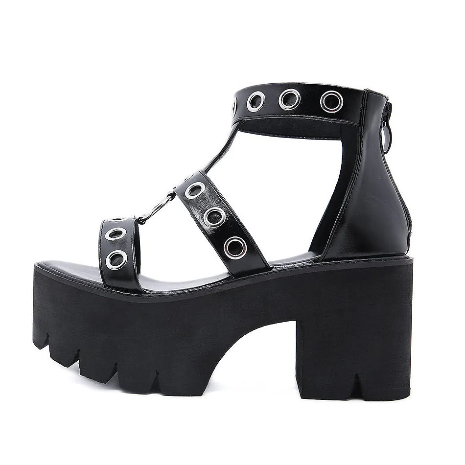 Summer Black Gothic Platform Sandals / Open Toe Buckle Strappy Women's Sexy Shoes with Rivets