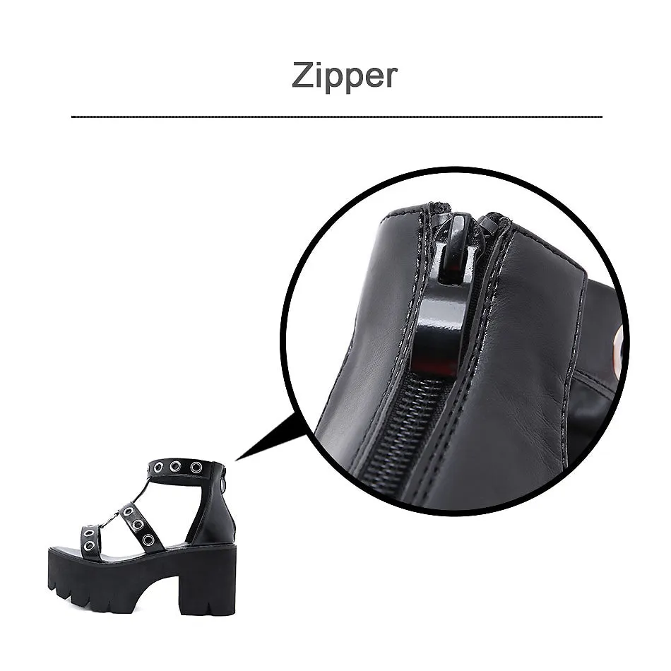 Summer Black Gothic Platform Sandals / Open Toe Buckle Strappy Women's Sexy Shoes with Rivets