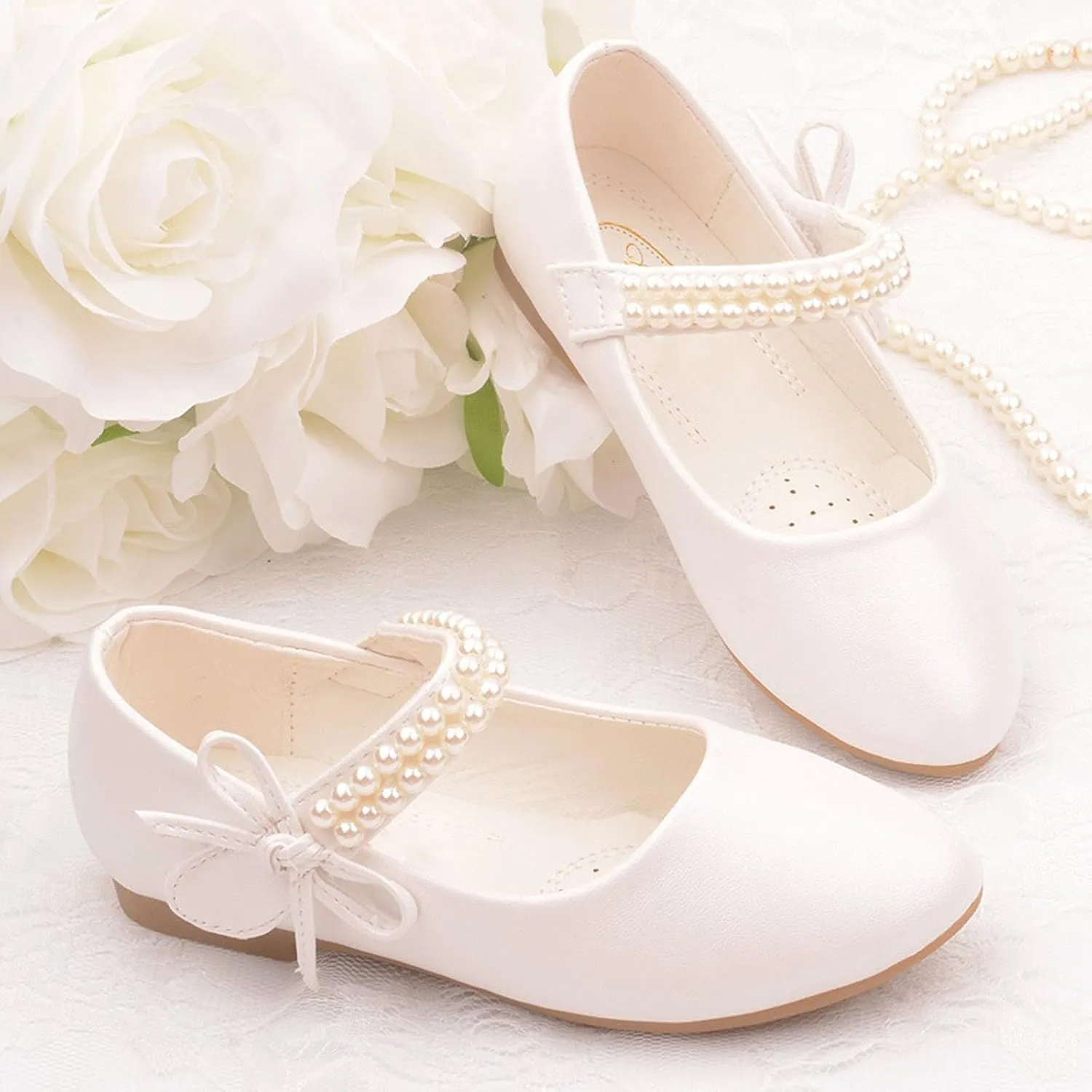 Toddler Flower Girls Dress Shoes, Mary Jane Princess Ballet Flat with Bow and Peals for Party School Wedding Baby Shoes