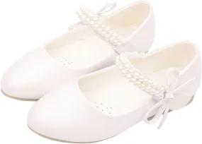 Toddler Flower Girls Dress Shoes, Mary Jane Princess Ballet Flat with Bow and Peals for Party School Wedding Baby Shoes