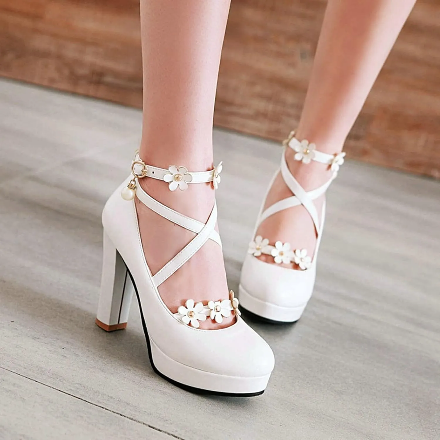 Women's Platform High Heel Pumps Fashion Flower Criss Cross Strappy Round Toe Fashion Party Dress Shoes