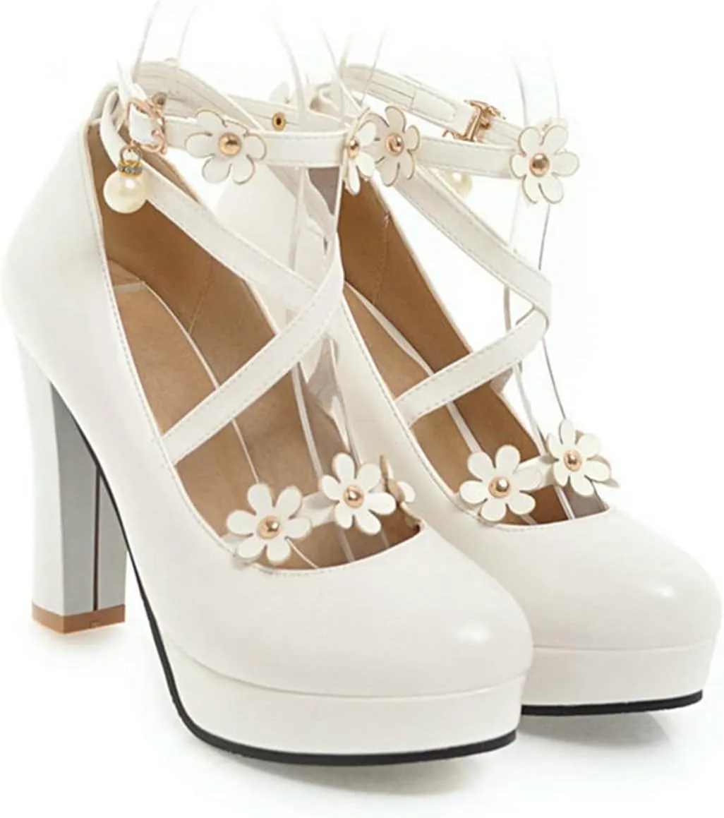 Women's Platform High Heel Pumps Fashion Flower Criss Cross Strappy Round Toe Fashion Party Dress Shoes
