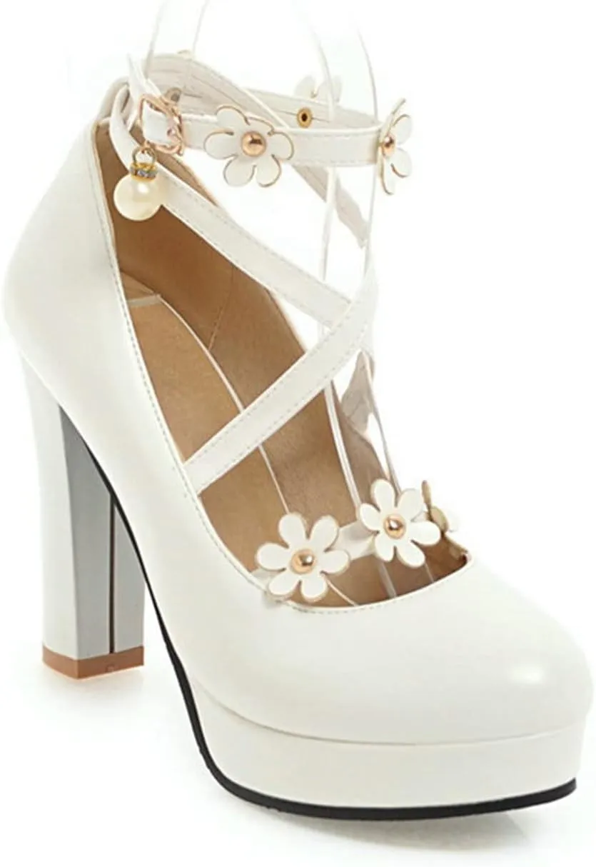 Women's Platform High Heel Pumps Fashion Flower Criss Cross Strappy Round Toe Fashion Party Dress Shoes