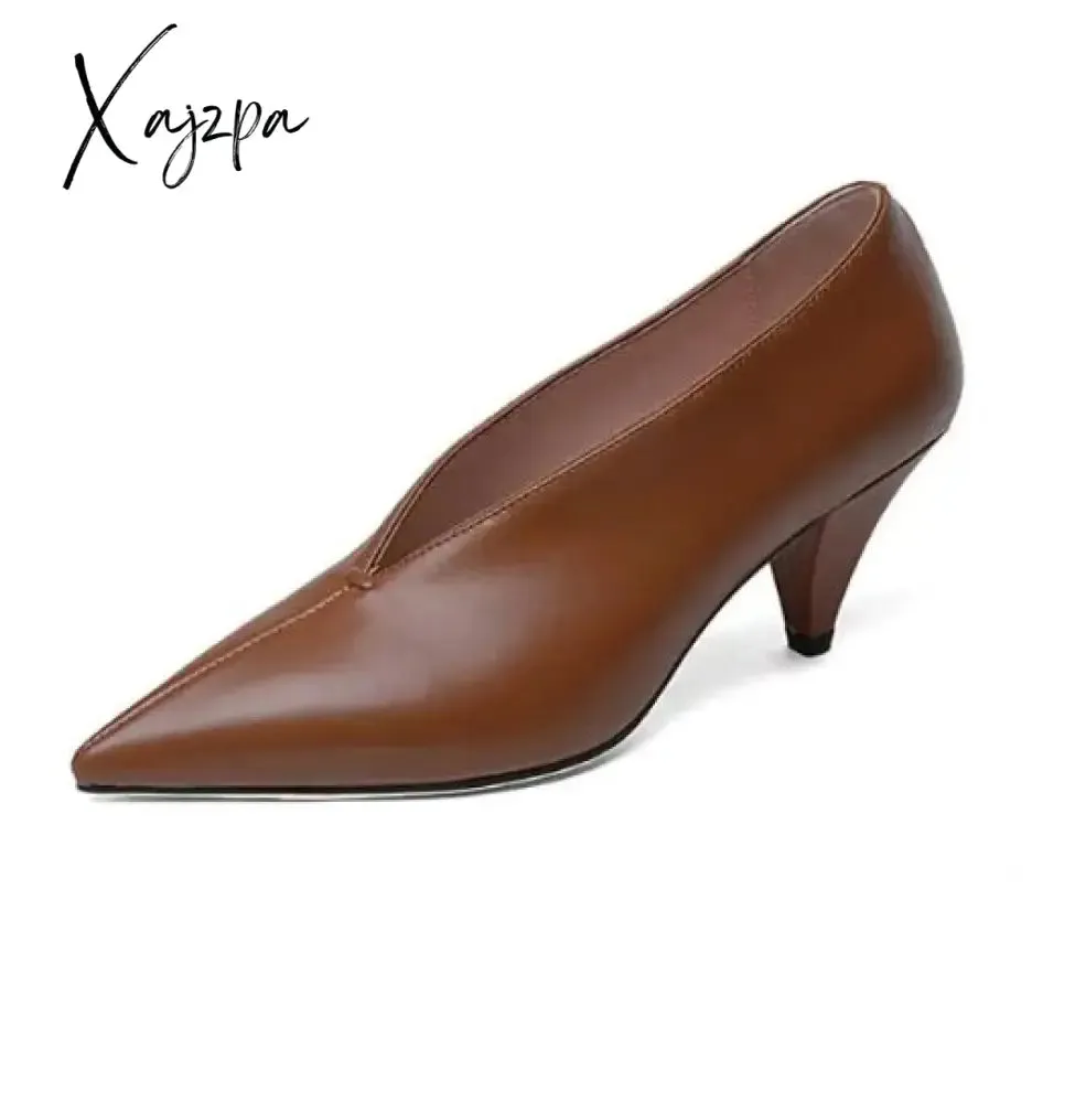 Xajzpa - hot women Genuine Leather shoes cow leather Sheep suede spike heels pointed toe women pumps professional  office career